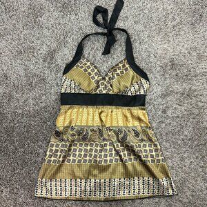 Y2K 90s Fairycore Gold Black Halter Top‎ Belted Back Tie Size Medium Satin Retro